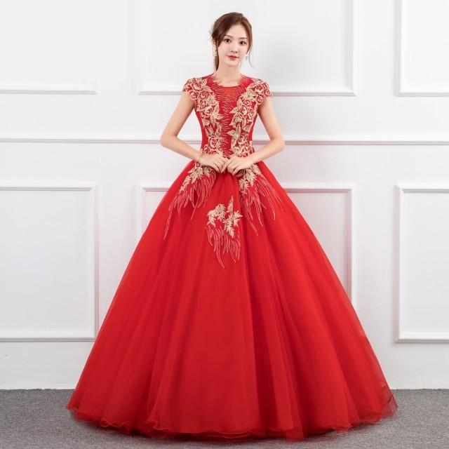 ウエディングドレス カラードレス 花嫁 二次会 ドレス ロング 赤 ロングドレス 結婚式 花柄 プリンセスライン 大きいサイズ 3L 4L 上品 可愛い 大人可愛い