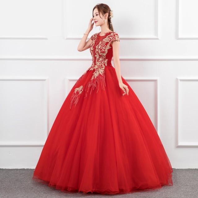 ウエディングドレス カラードレス 花嫁 二次会 ドレス ロング 赤 ロングドレス 結婚式 花柄 プリンセスライン 大きいサイズ 3L 4L 上品 可愛い 大人可愛い_1