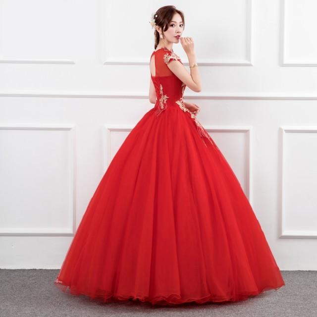ウエディングドレス カラードレス 花嫁 二次会 ドレス ロング 赤 ロングドレス 結婚式 花柄 プリンセスライン 大きいサイズ 3L 4L 上品 可愛い 大人可愛い_2