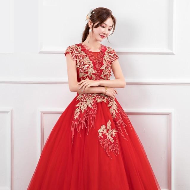 ウエディングドレス カラードレス 花嫁 二次会 ドレス ロング 赤 ロングドレス 結婚式 花柄 プリンセスライン 大きいサイズ 3L 4L 上品 可愛い 大人可愛い_4
