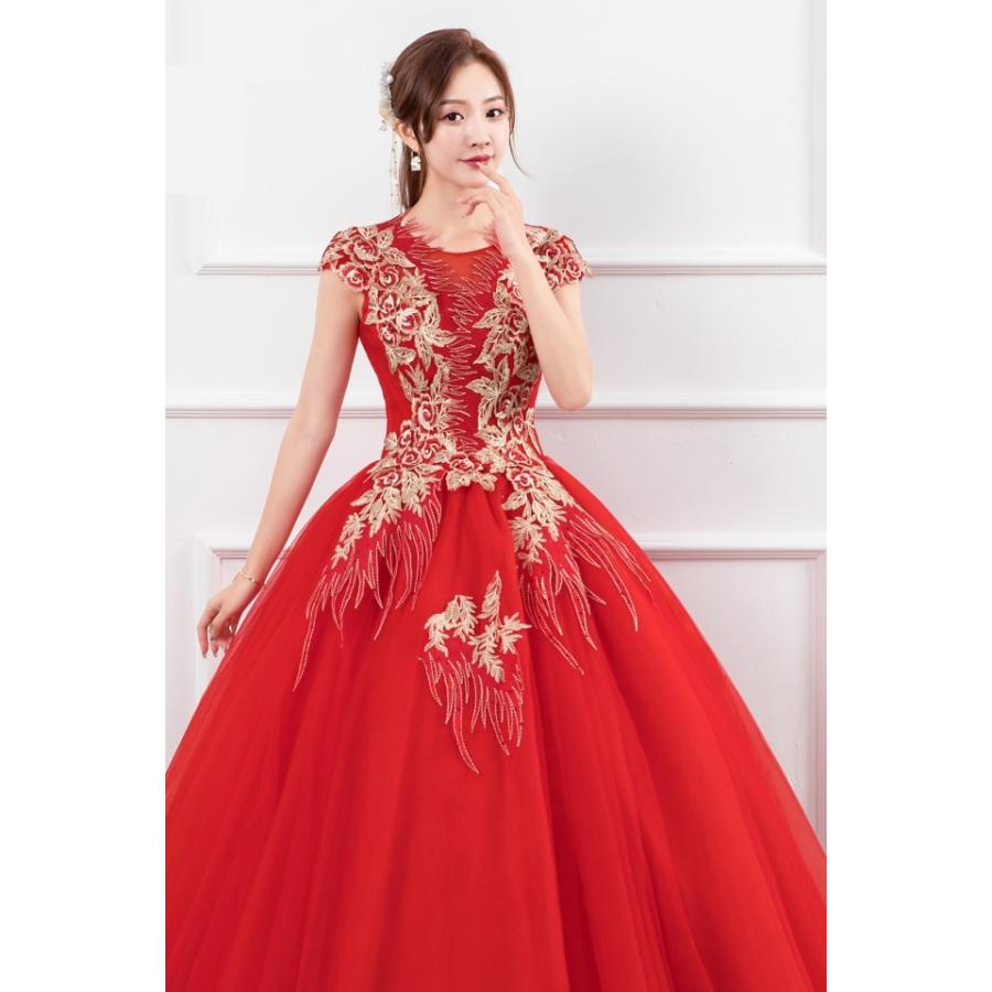ウエディングドレス カラードレス 花嫁 二次会 ドレス ロング 赤 ロングドレス 結婚式 花柄 プリンセスライン 大きいサイズ 3L 4L 上品 可愛い 大人可愛い_5