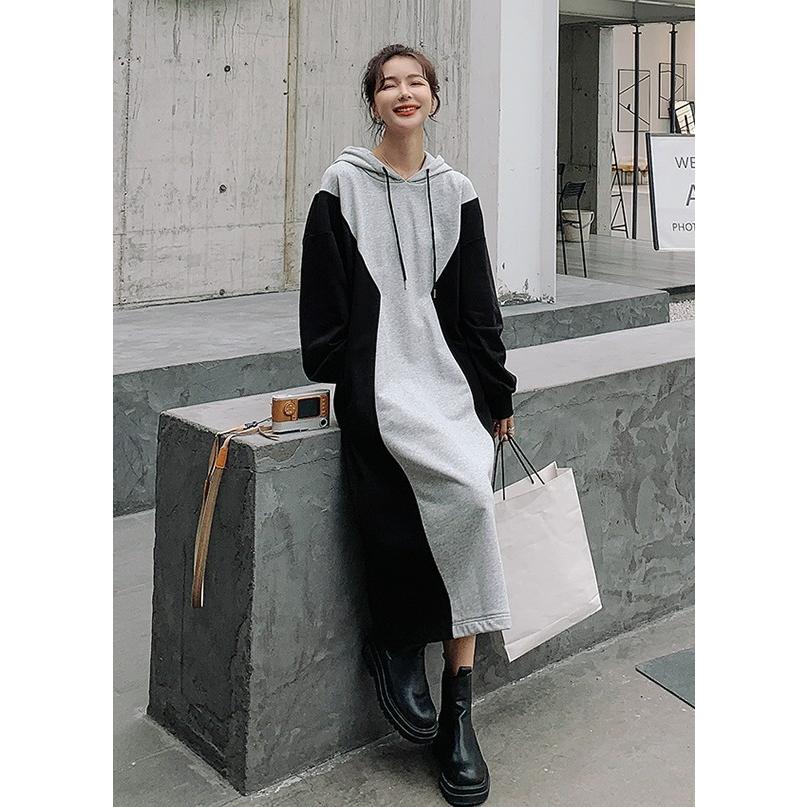パーカーワンピース ロング 長袖 バイカラー ワンピース