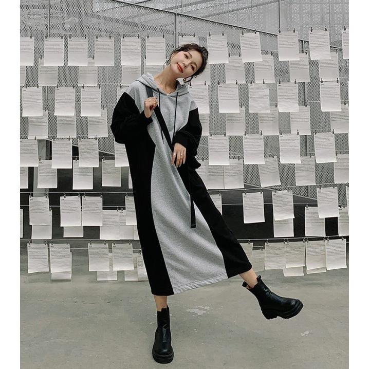 パーカーワンピース ロング 長袖 バイカラー ワンピース