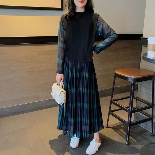 レイヤード風ワンピース 切り替え ワンピース レディース ロング 長袖