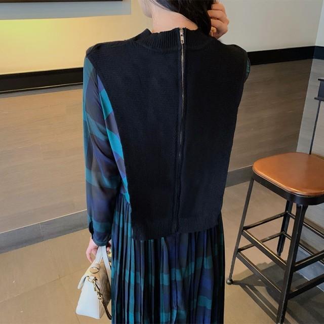 レイヤード風ワンピース 切り替え ワンピース レディース ロング 長袖