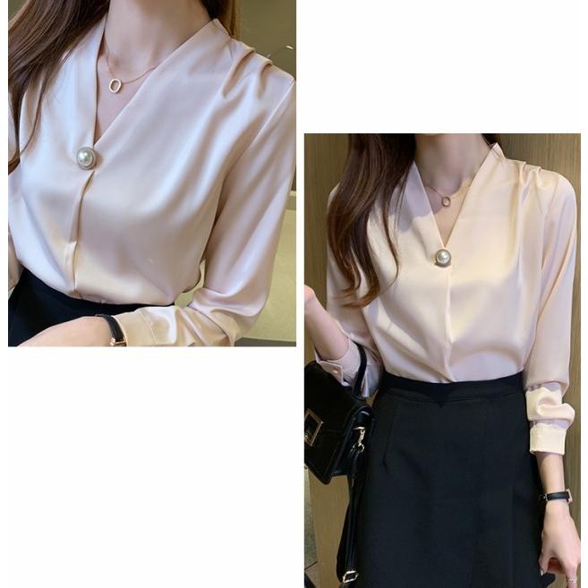 ブラウス レディース 長袖 トップス ノーカラー Vネック 無地 おしゃれ