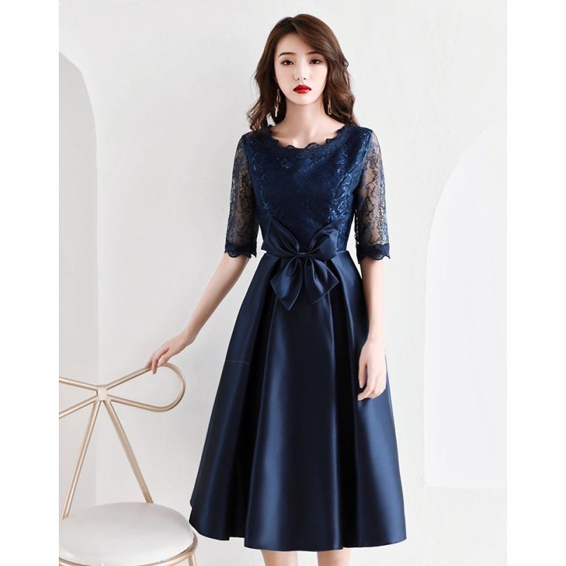 パーティードレス 結婚式 お呼ばれドレス 膝丈 袖あり 赤 黒 青