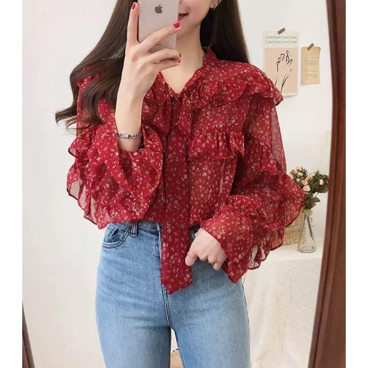 ブラウス レディース ボウタイブラウス 花柄 トップス 長袖 フリル