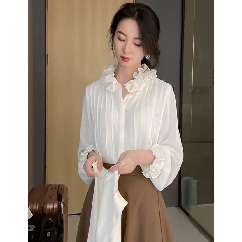 6299円 値引きする フリルブラウス シアー ブラウス レディース 長袖 トップス 春 秋 シアートップス シャツブラウス フリル襟 通勤服 オフィス 白 黒 スーツ インナー