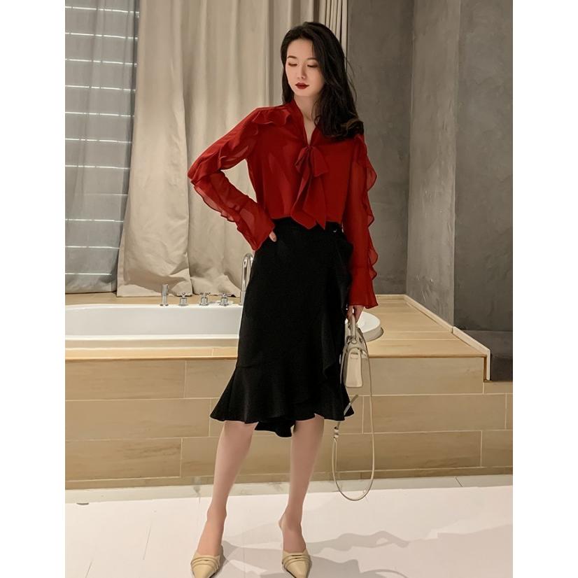 ボウタイブラウス レディース フリルブラウス シアー ブラウス 長袖