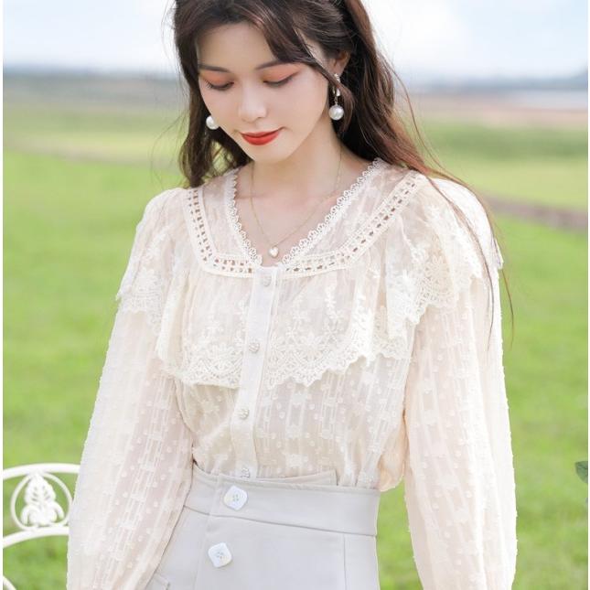 ブラウス レディース 長袖 フリルブラウス 肩フリル シアー レース