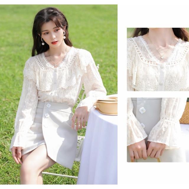 ブラウス レディース 長袖 フリルブラウス 肩フリル シアー レース