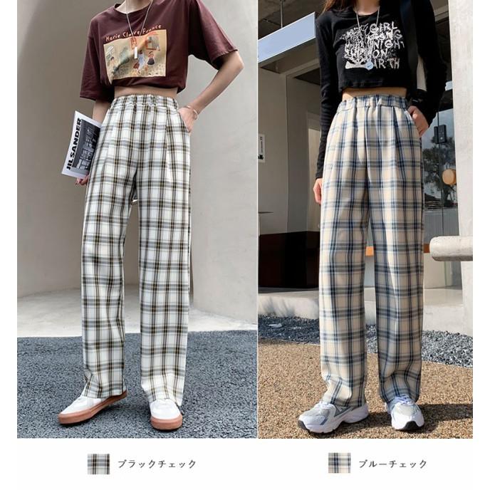チェックパンツ ストレートパンツ レディース ボトムス ハイウエスト
