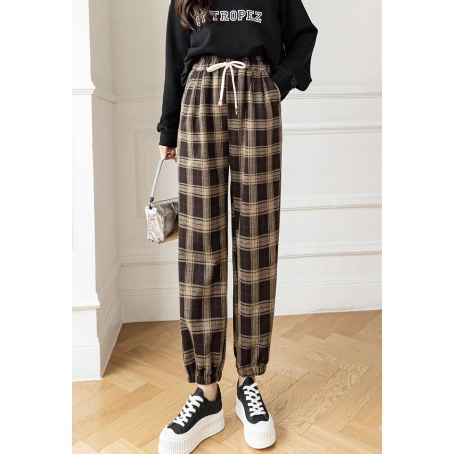 チェックパンツ レディース ボトムス ハイウエスト ウエストゴム