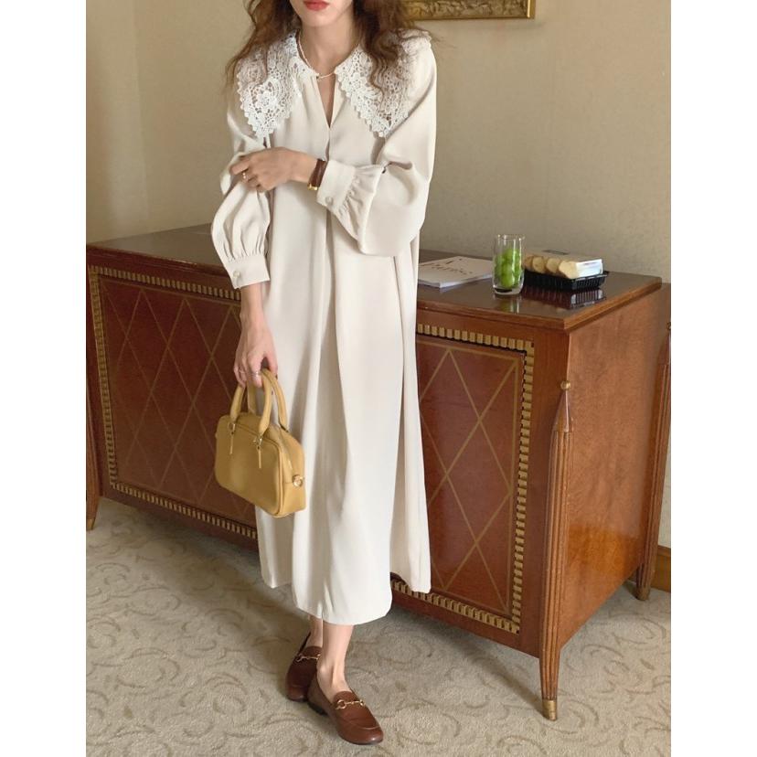 ビッグカラー ワンピース ロング レディース きれいめ Iライン