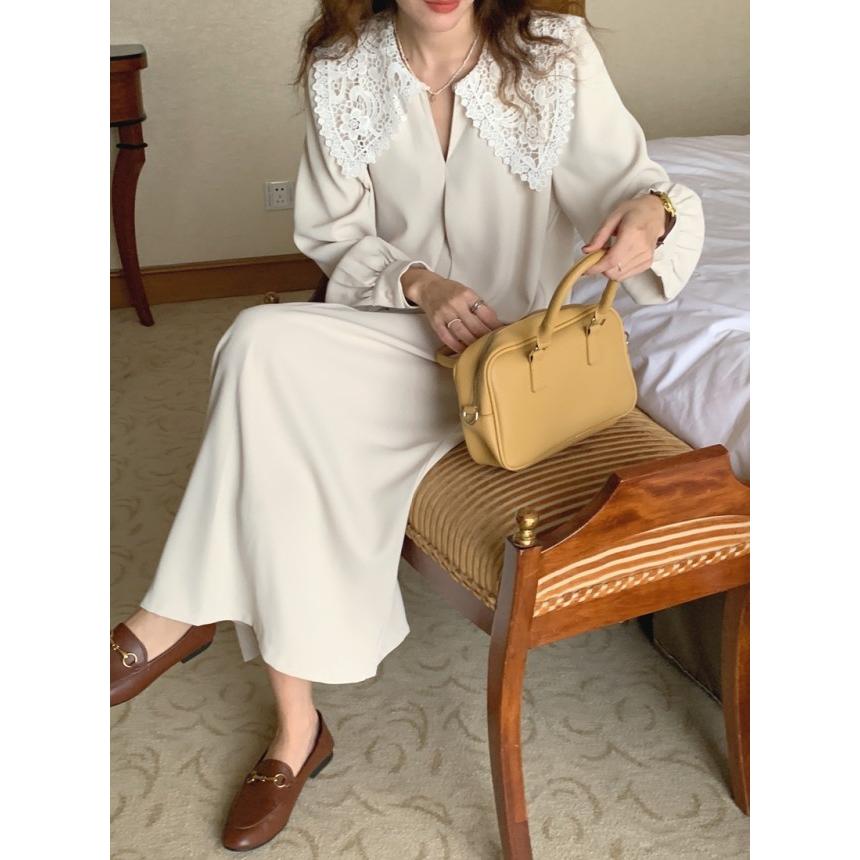 ビッグカラー ワンピース ロング レディース きれいめ Iライン