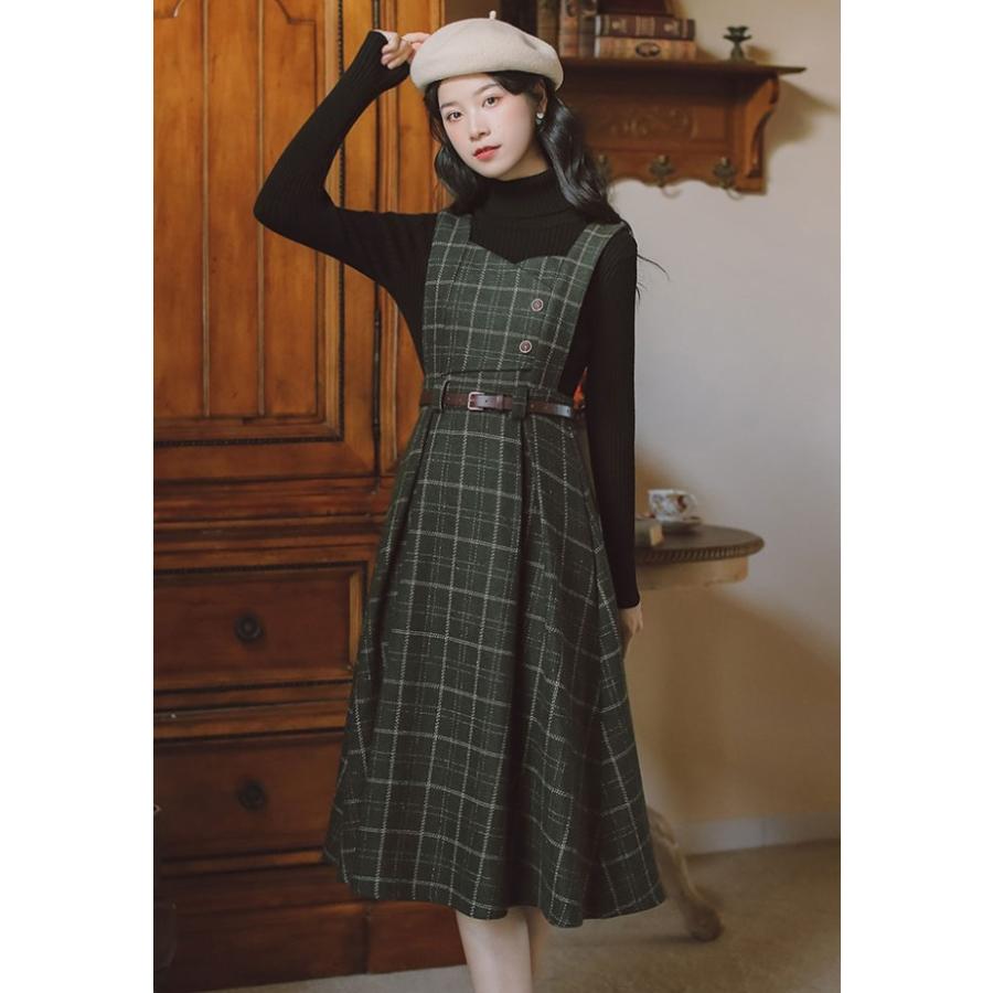 ジャンパースカート チェック ワンピース レディース ミモレ丈 フレア