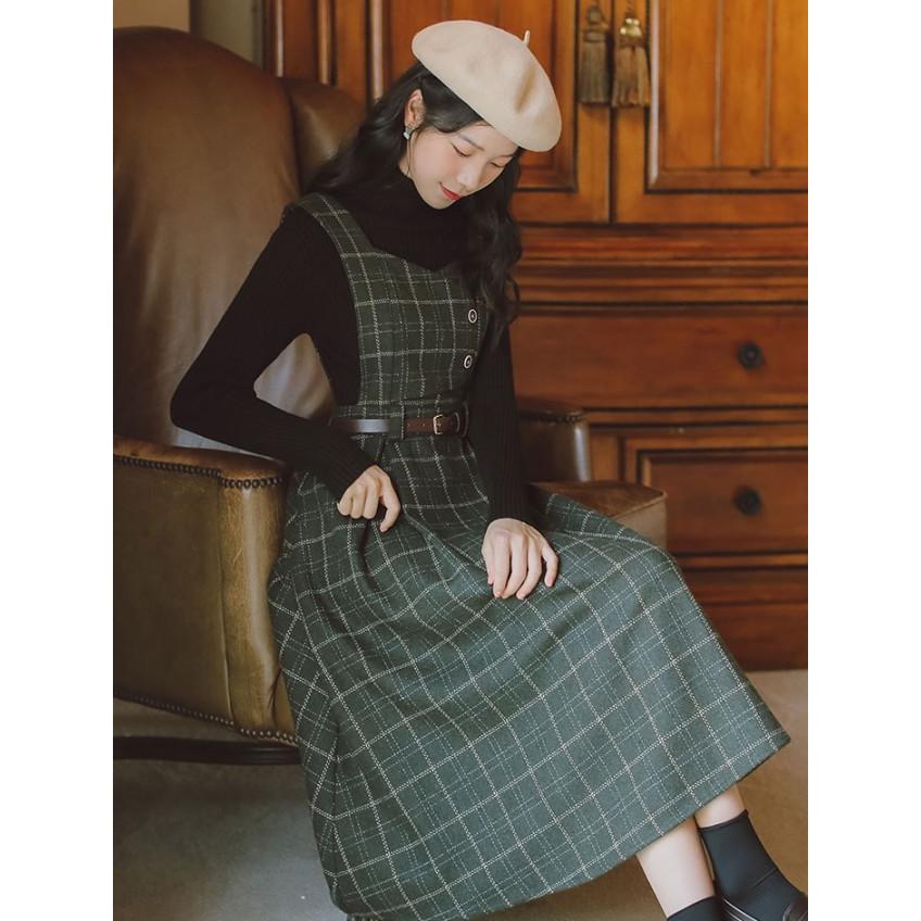 ジャンパースカート チェック ワンピース レディース ミモレ丈 フレア