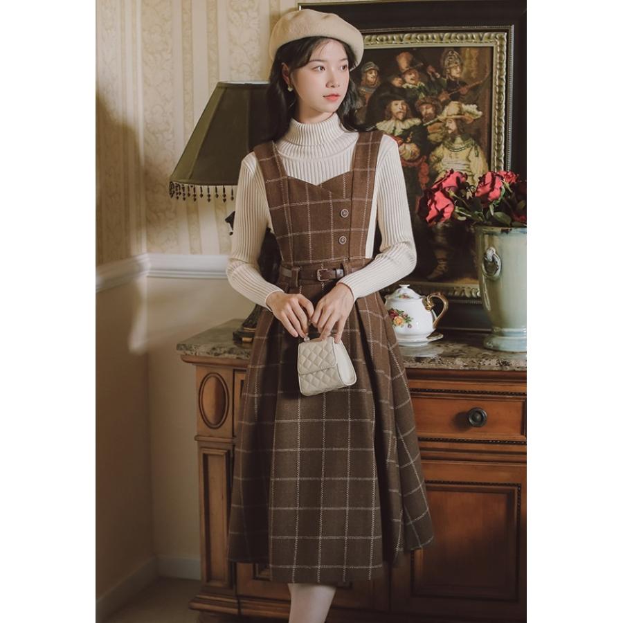 ジャンパースカート チェック ワンピース レディース ミモレ丈 フレア