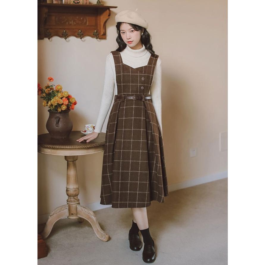 ジャンパースカート チェック ワンピース レディース ミモレ丈 フレア
