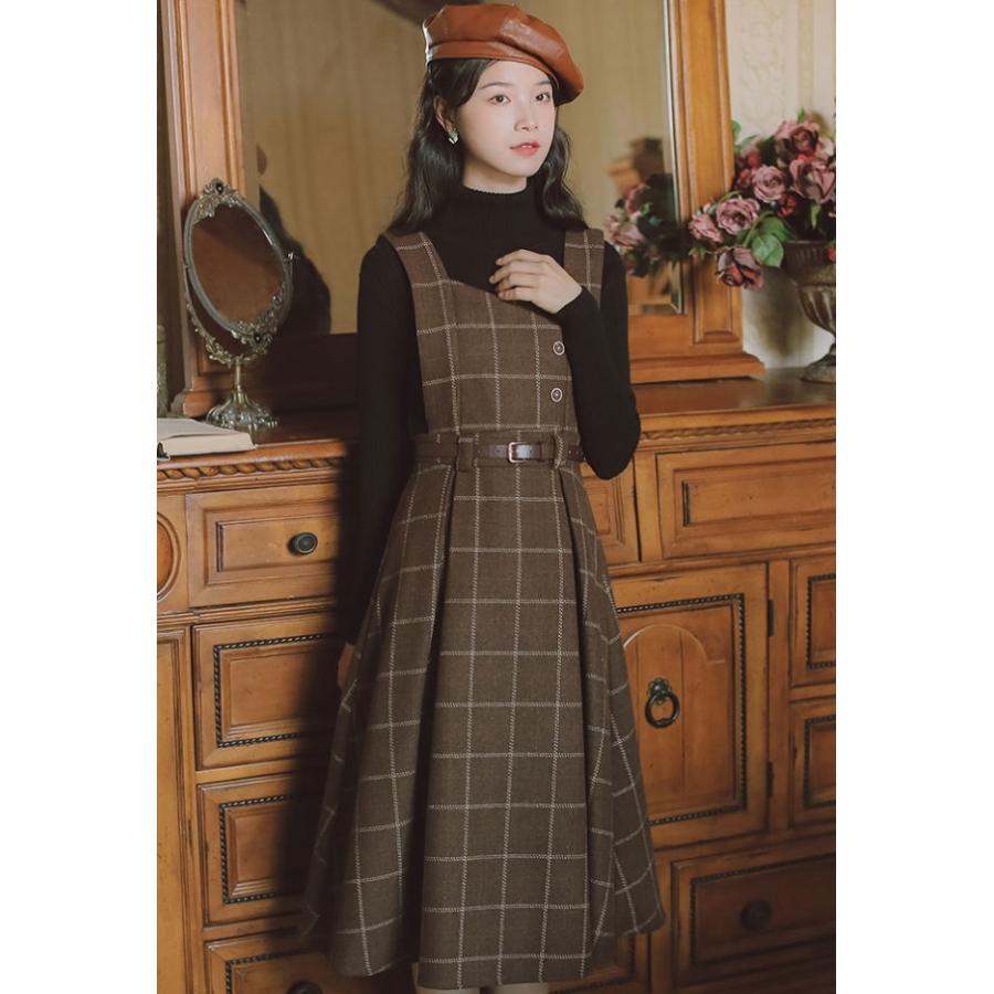 ジャンパースカート チェック ワンピース レディース ミモレ丈 フレア