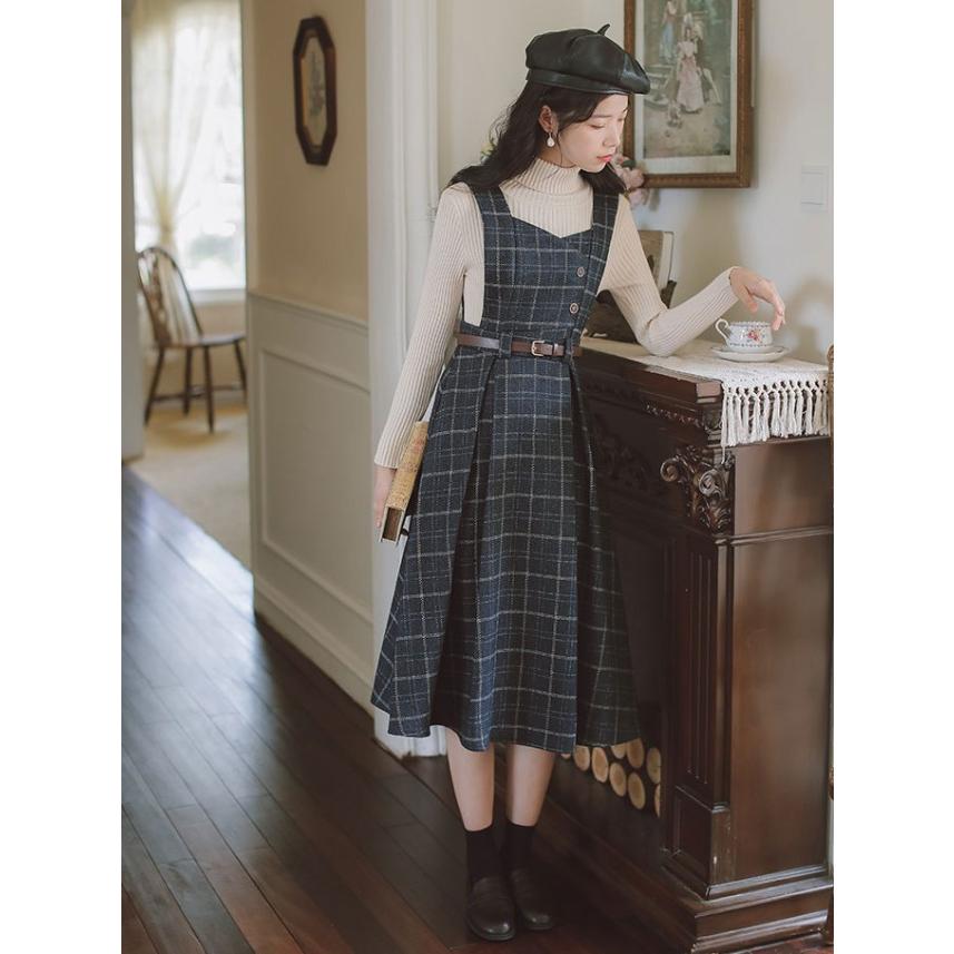 ジャンパースカート チェック ワンピース レディース ミモレ丈 フレア