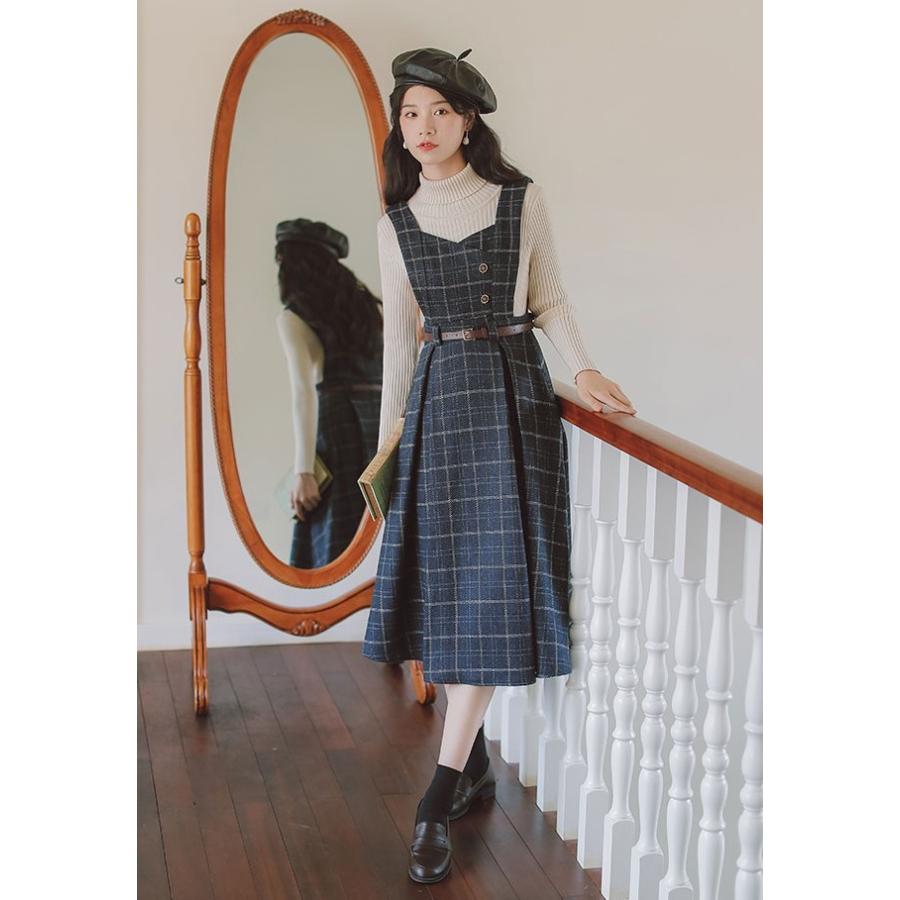 ジャンパースカート チェック ワンピース レディース ミモレ丈 フレア