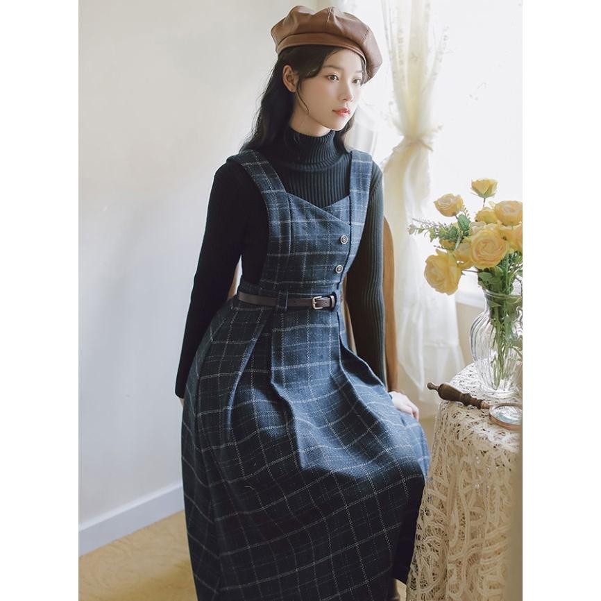 ジャンパースカート チェック ワンピース レディース ミモレ丈 フレア