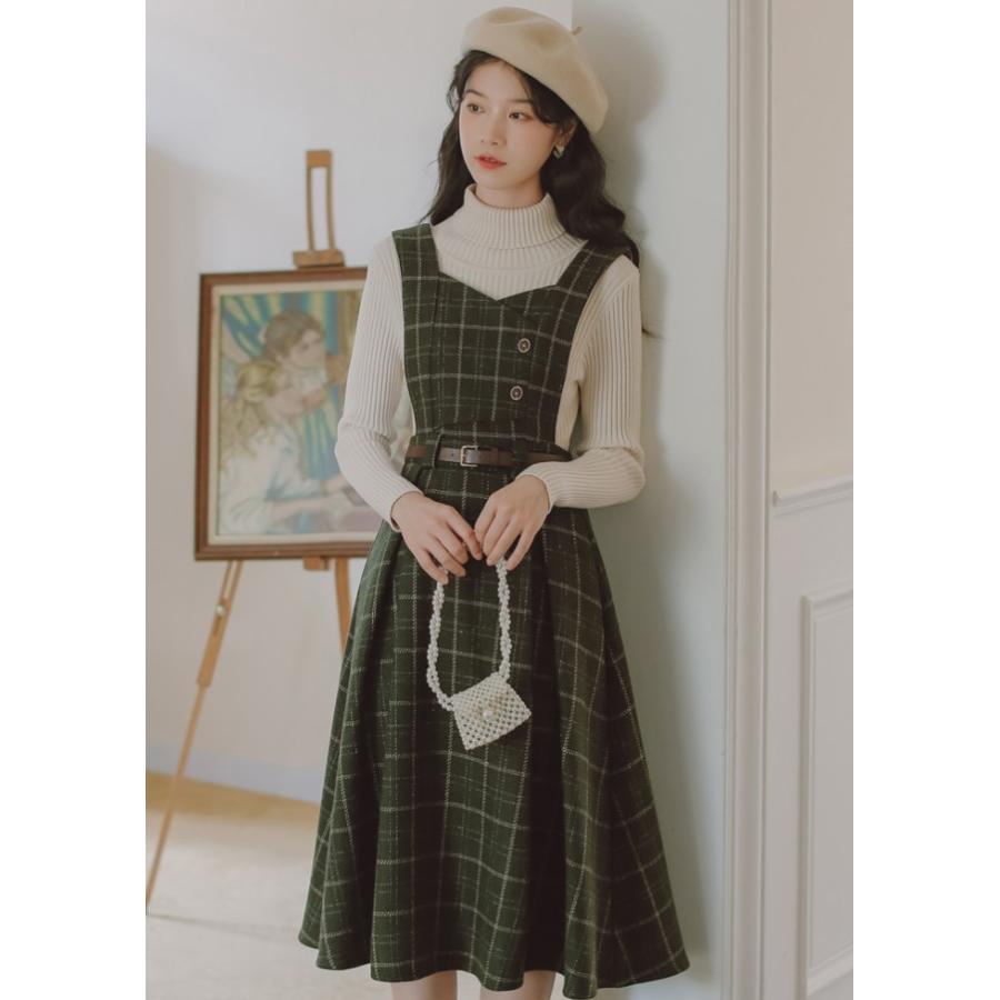 ジャンパースカート チェック ワンピース レディース ミモレ丈 フレア