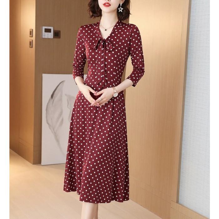 ボウタイワンピース 柄ワンピース レディース ドット 総柄 花柄 ミモレ  