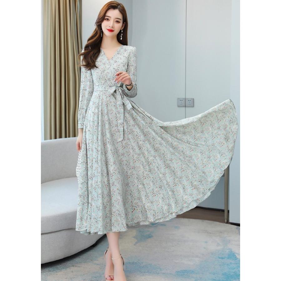 ワンピース 長袖 Vネック 襟なし フリル ウエストリボン ポケット 送料無料 個性的 大きいサイズ M L XL 2XL 3XL カーキ グレー ピンク 花柄ワンピース ワンピース レディース ロング ミモレ丈 長袖 Vネック