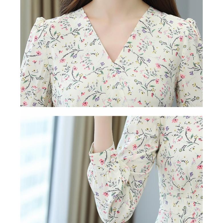 花柄ワンピース ワンピース レディース ロング ミモレ丈 長袖 Vネック