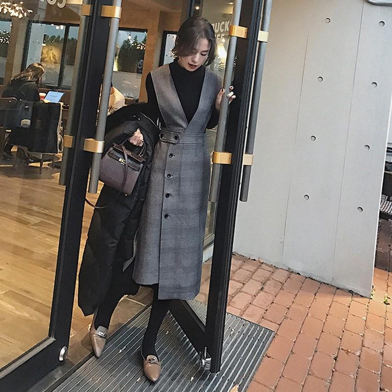 即納 セットアップ チェック ワンピース レディース ジャンパースカート グレンチェック 2点セット トップス ニット 長袖 大きい