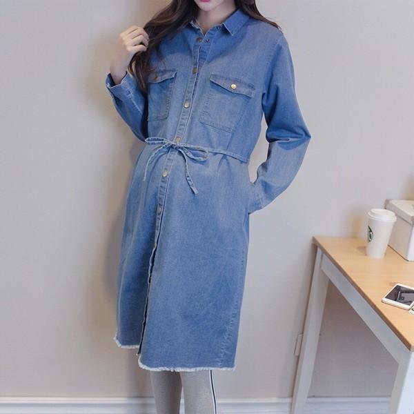 マタニティ デニム シャツワンピース ミディ丈 シャツ 長袖 ウエストリボン フリンジ 切りっぱなし 体型カバー デイリー 秋 春 デニム ジャケット ロング E0094 Leap リープ 通販 Yahoo ショッピング