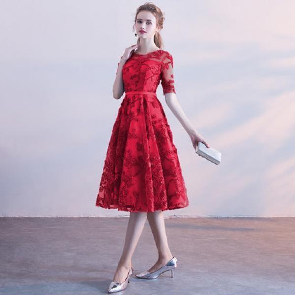 パーティードレス 袖あり 五分袖 20代 30代 ワンピース ドレス 半袖 花