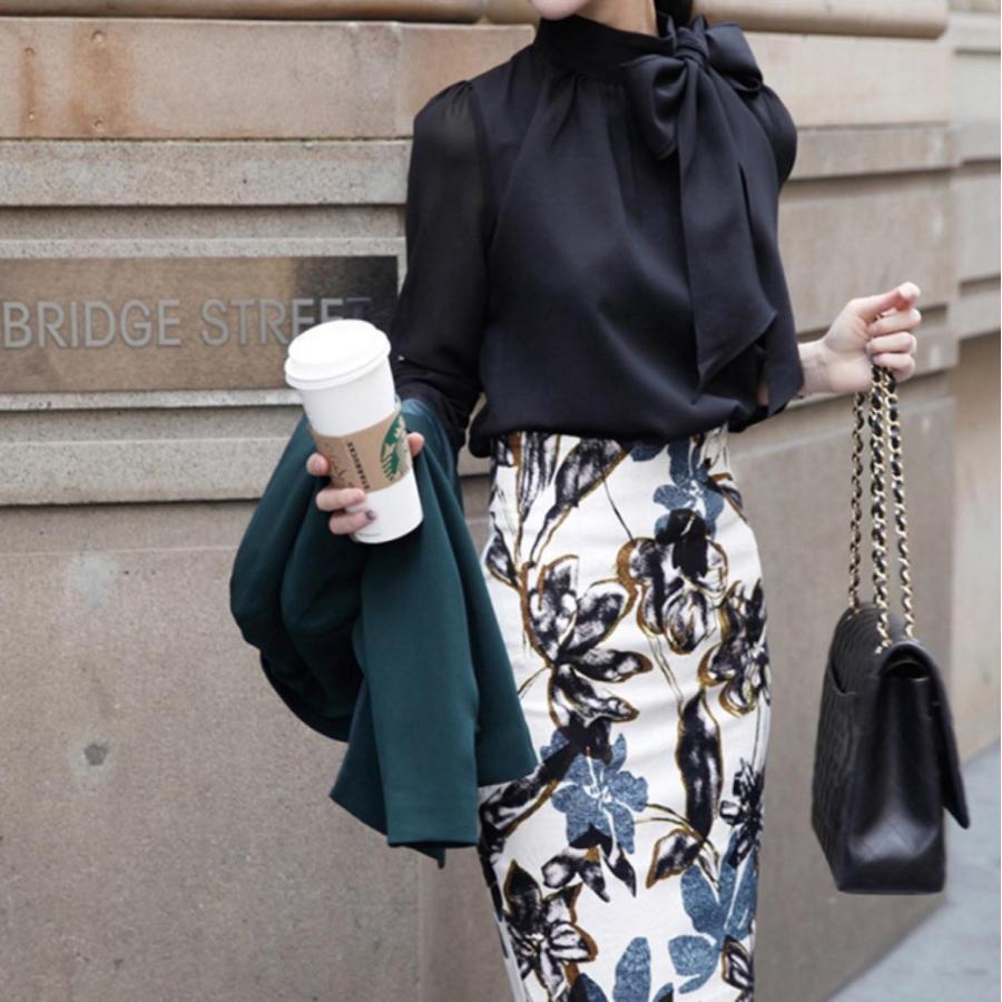 ブラウス 長袖 ボウタイ リボン シフォン ハイネック シアー トップス