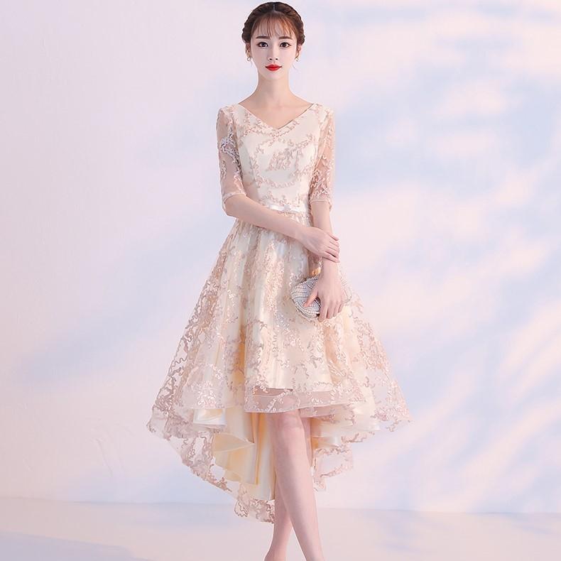 パーティードレス 韓国 袖あり 五分袖 フィッシュテール ドレス レース