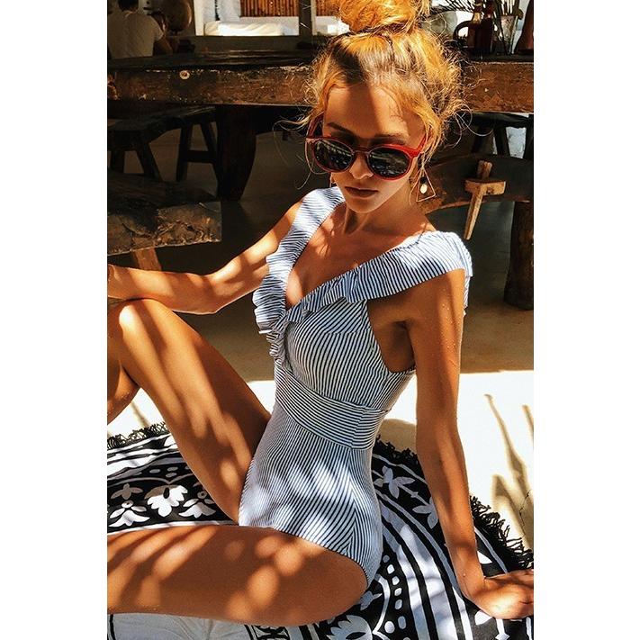 ブルー ストライプ フリル ワンピース 水着 レディース ウエスト切替 V