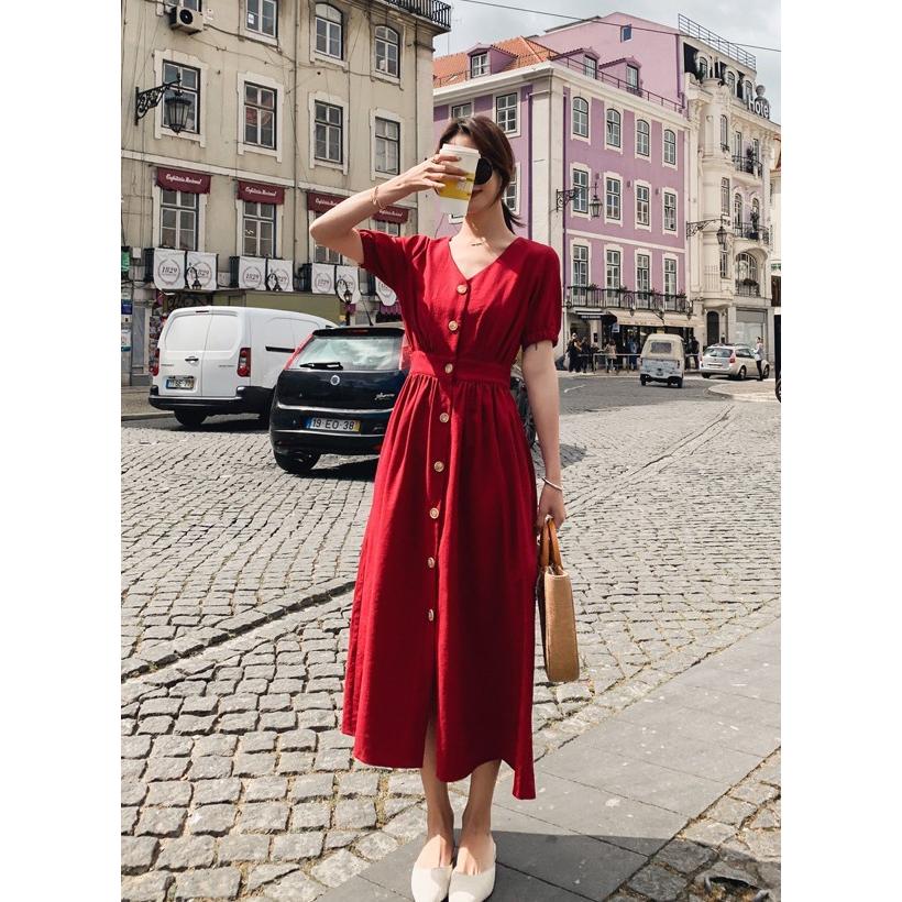 vネック ワンピース ロング 春 夏 フロントボタンワンピース