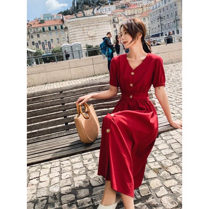 vネック ワンピース ロング 春 夏 フロントボタンワンピース