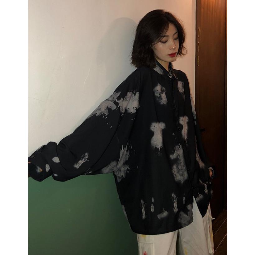 シャツブラウス トップス レディース 柄シャツ 長袖 黒 襟付きシャツ