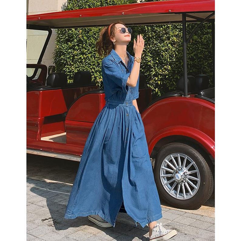 デニムワンピース ロング ワンピース レディース 半袖 デニムシャツ