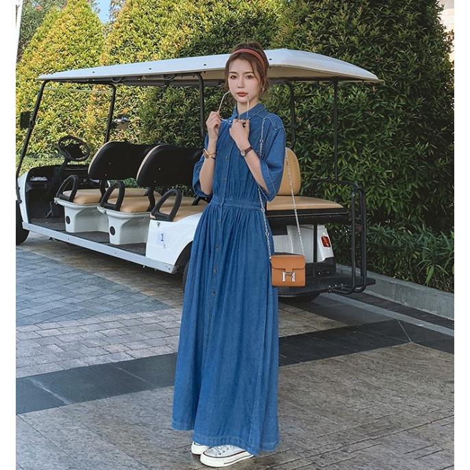 デニムワンピース ロング ワンピース レディース 半袖 デニムシャツ