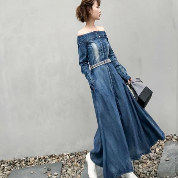 オフショルダー マキシワンピース デニム ワンピース 超ロング