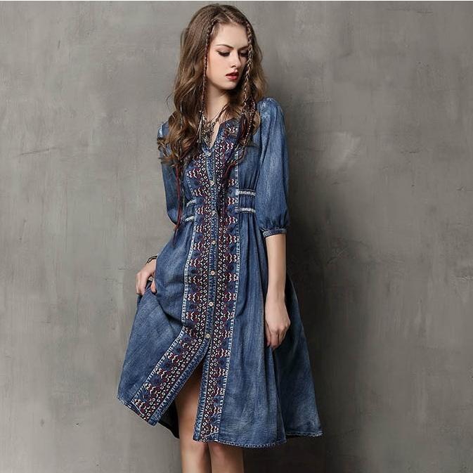 デニム ワンピース シャツワンピース 五分袖 半袖 膝丈 エスニック 柄 Vネック カジュアル 体型カバー かわいい Aライン ボタン 春 春服 大きいサイズ デニム ワンピース シャツワンピース 五分袖 半袖 膝丈 エスニック 柄