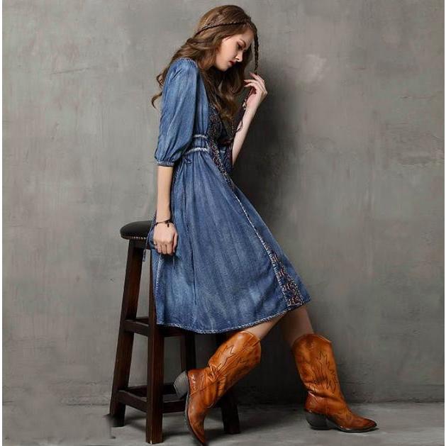 デニム ワンピース シャツワンピース 五分袖 半袖 膝丈 エスニック 柄