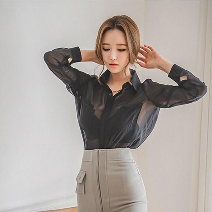 シースルー シャツ トップス レディース 長袖 黒 ブラック 透け