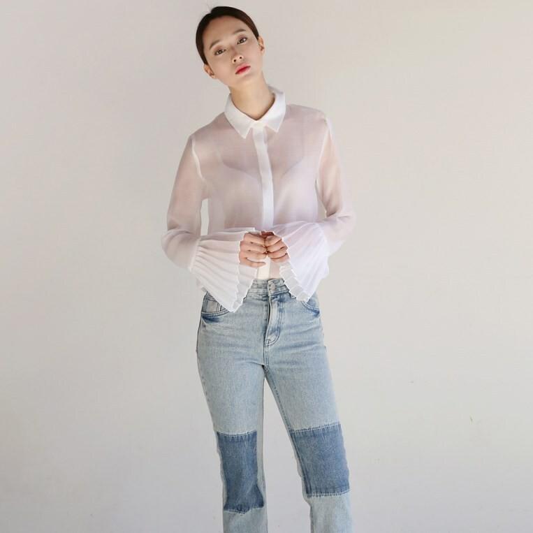 シースルー シャツ トップス レディース 長袖 シアーシャツ フレア袖 フリル 白 ホワイト ピンク ブルー 透け感 肌見せ 通勤服 春 夏 シースルー シャツ トップス レディース 長袖 シアーシャツ フレア袖