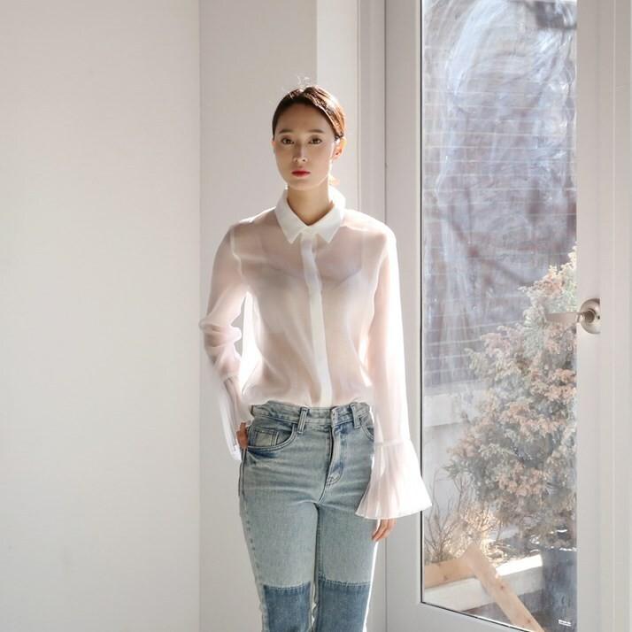 シースルー シャツ トップス レディース 長袖 シアーシャツ フレア袖