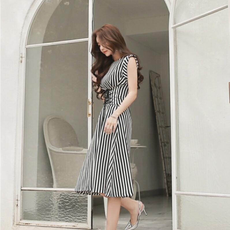 ストライプ マリン コルセット ワンピース ミディ丈 膝丈 ノースリーブ